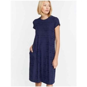 J.McLaughlin Textured Knit Jacquard Crew Neck Cap Sleeve Swing Dress Navy Blue